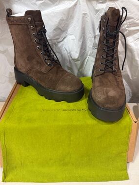 Tory Burch Dark Brown Suede Lace-Up Platform Ankle Boots Women's Size 10